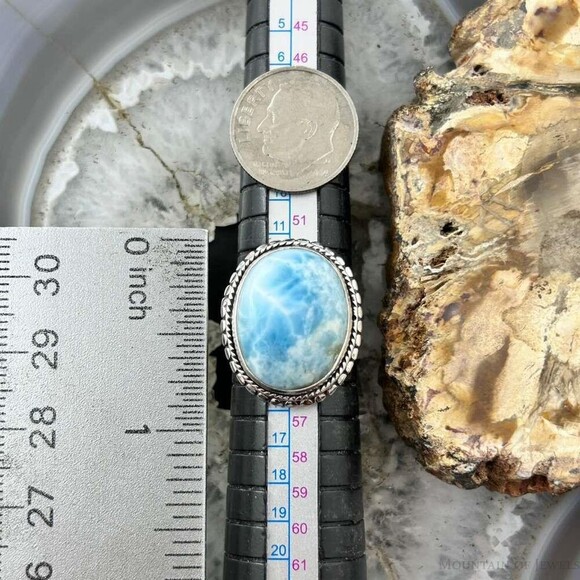 Sterling Silver Southwestern Style Oval Larimar Decorated Bar Ring S 7 For Women - Picture 9 of 10